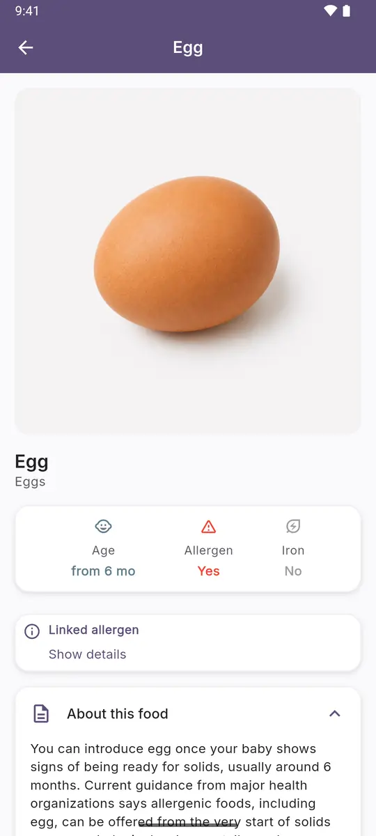 Food card: egg marked as an allergen
