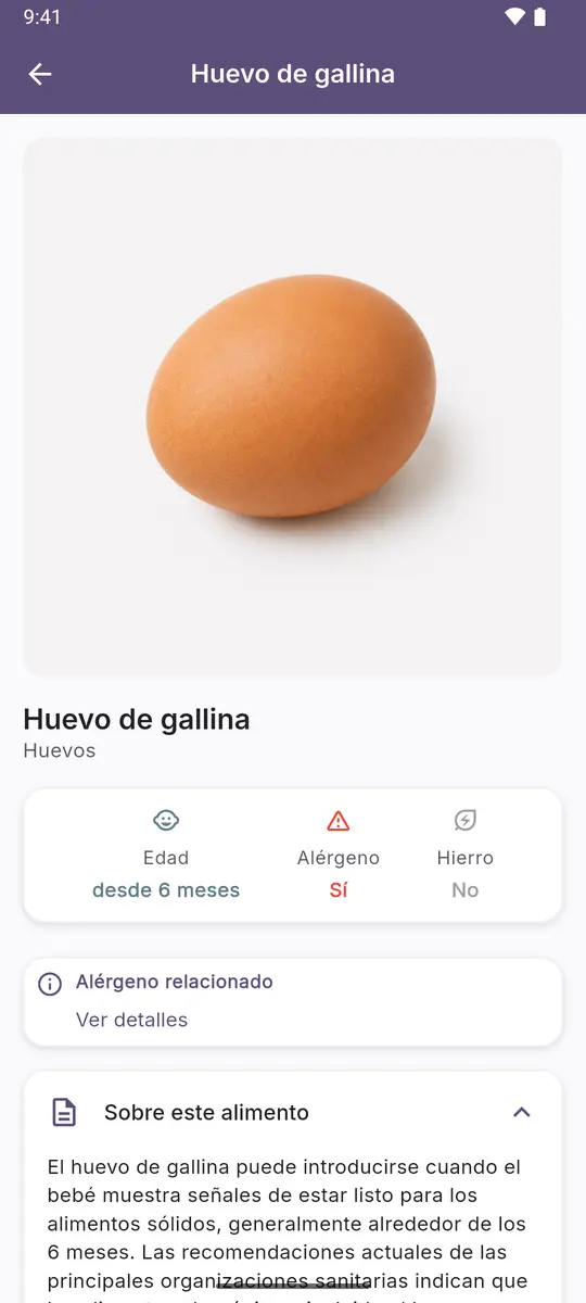 Tarjeta de alimento: huevo de gallina con la marca «Alérgeno: sí»