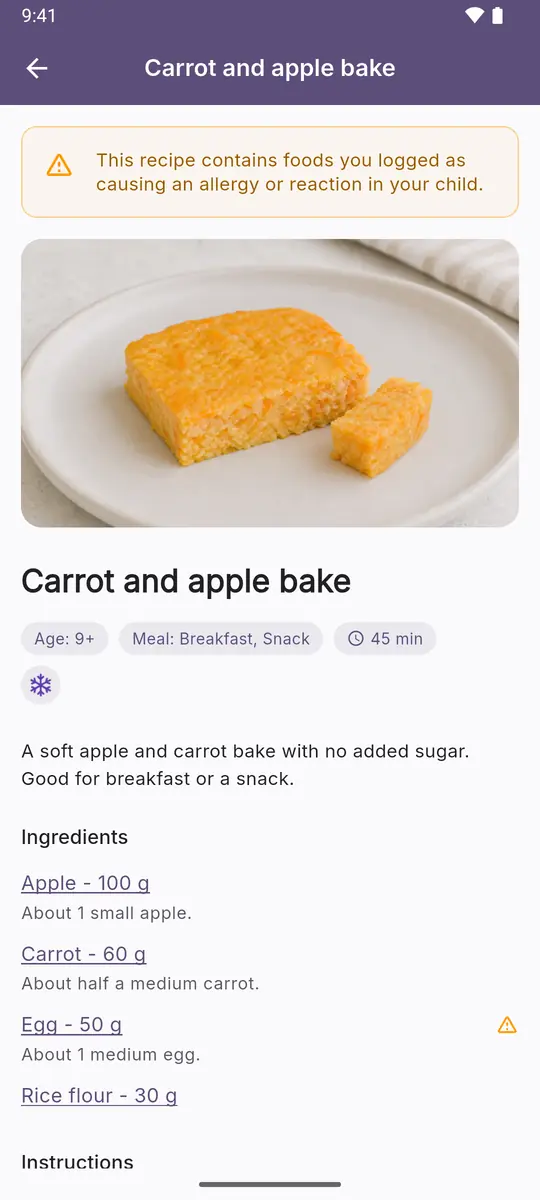Recipe with a warning: it contains a food your baby is allergic to