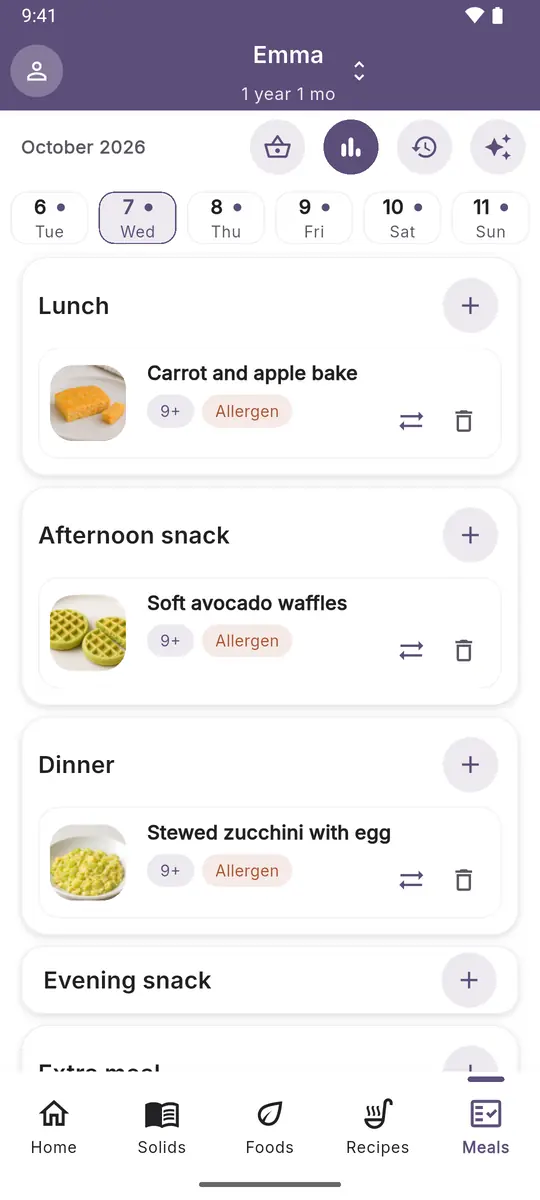 Daily meal plan: dishes with your baby’s allergen are flagged