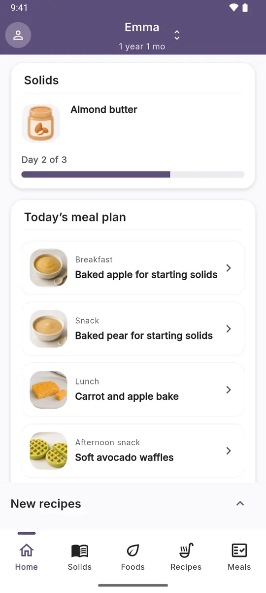 Home screen: the food being introduced and today’s meal plan