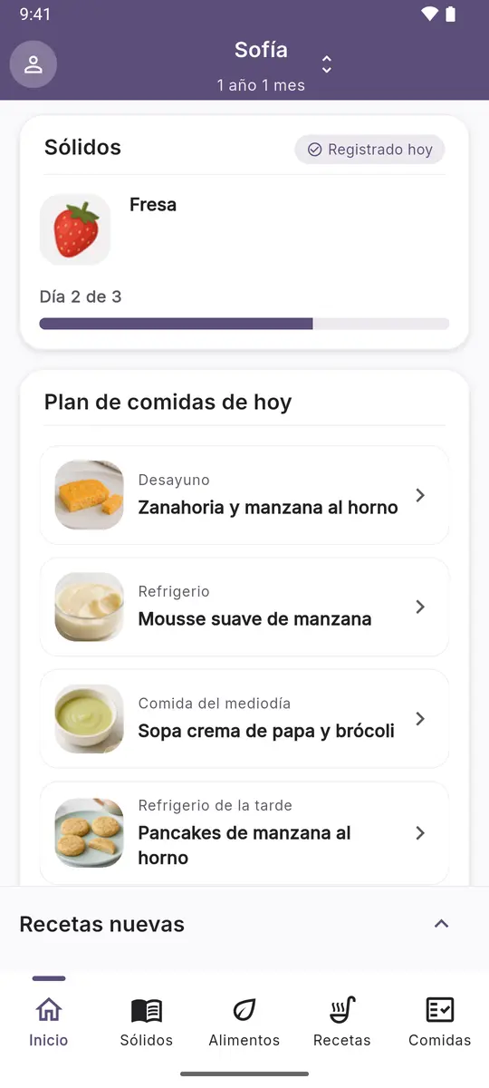 Pantalla de inicio: el alimento que se está introduciendo y el plan de comidas de hoy