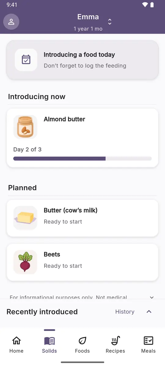 Solids screen: a food on day 2 of introduction and the planned foods