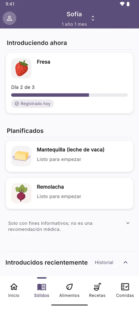 Pantalla Sólidos: un alimento en el día 2 de introducción y los alimentos planificados
