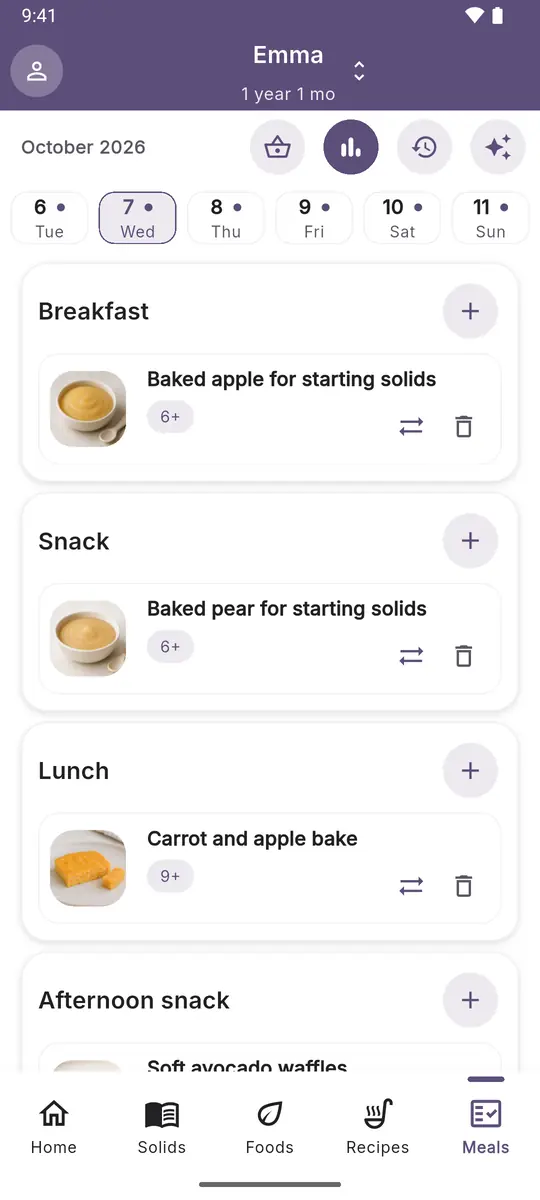 Daily meal plan: breakfast, snack, lunch, and afternoon snack