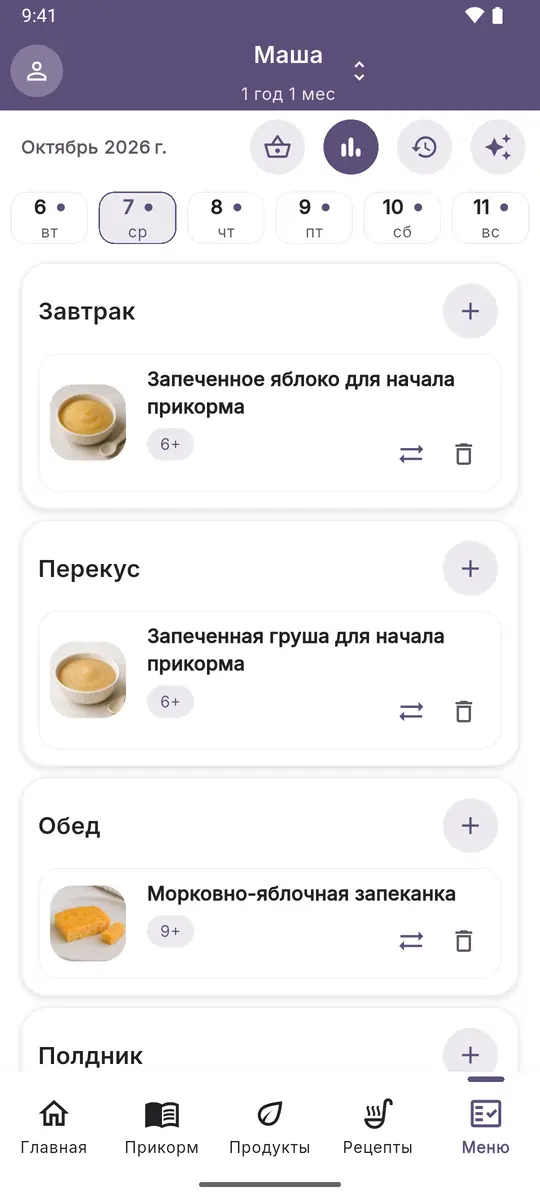 Меню на день: завтрак, перекус, обед и полдник