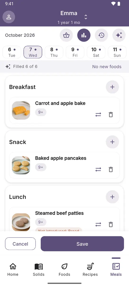 Auto-filled daily meal plan: a draft you can save or cancel