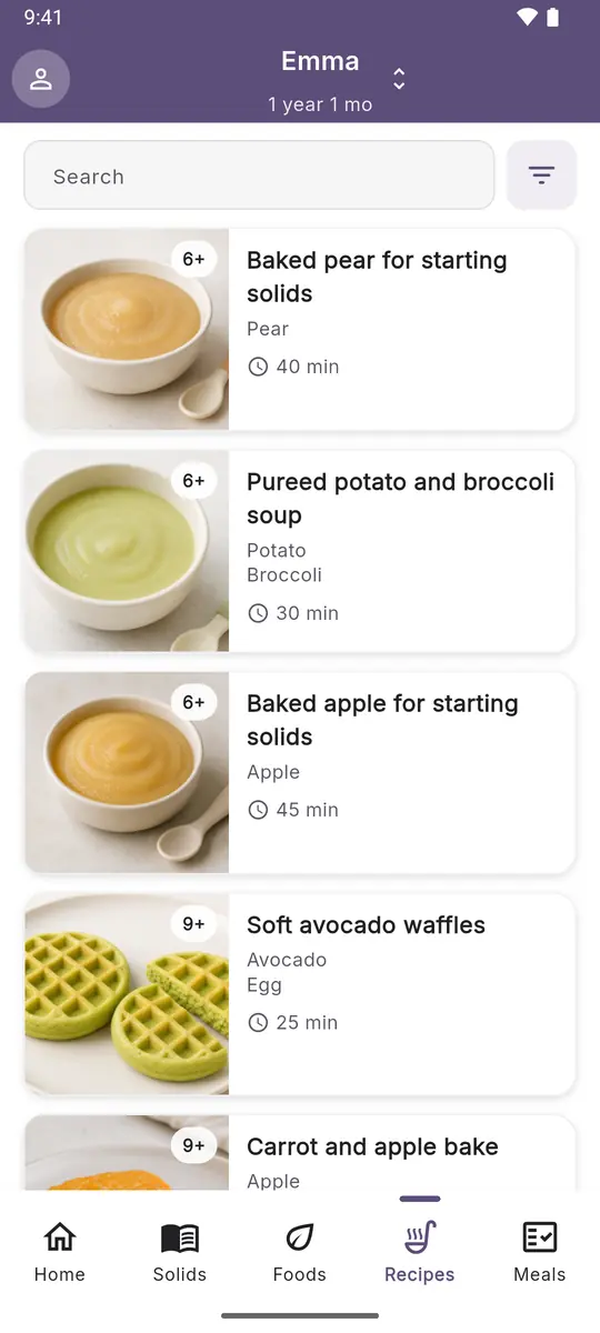 Recipes screen: dishes with an age label and cooking time