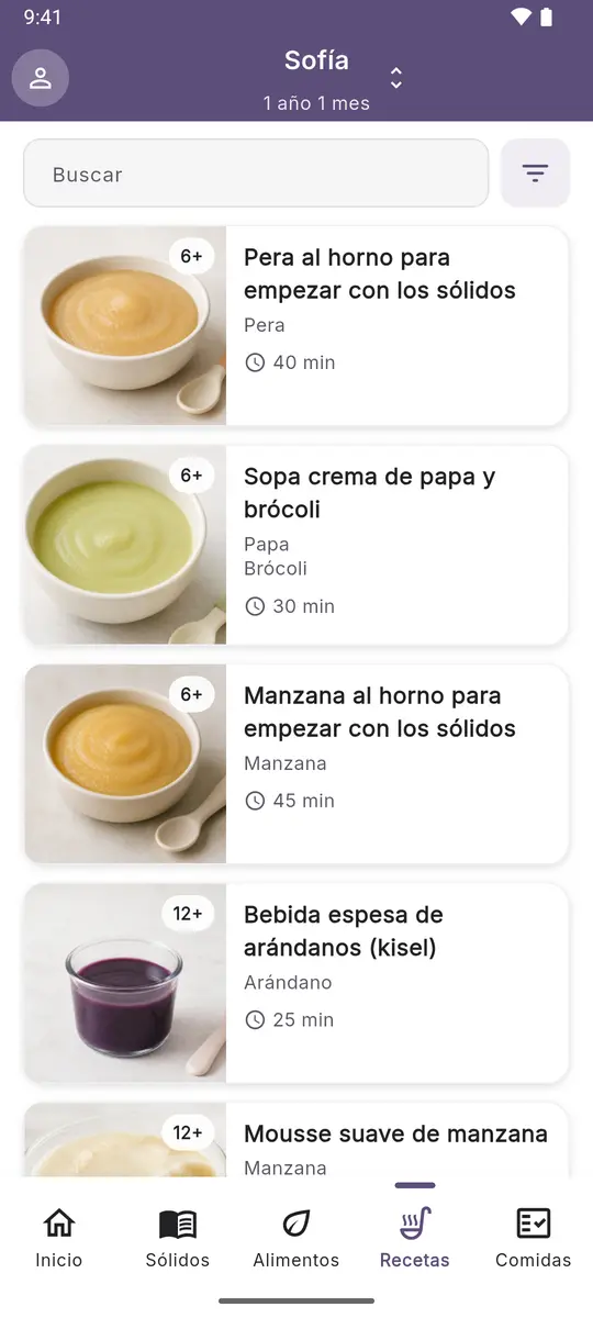 Pantalla de recetas: platos con etiqueta de edad y tiempo de preparación