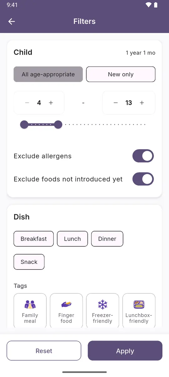 Recipe filters: age, excluding allergens and foods not introduced yet