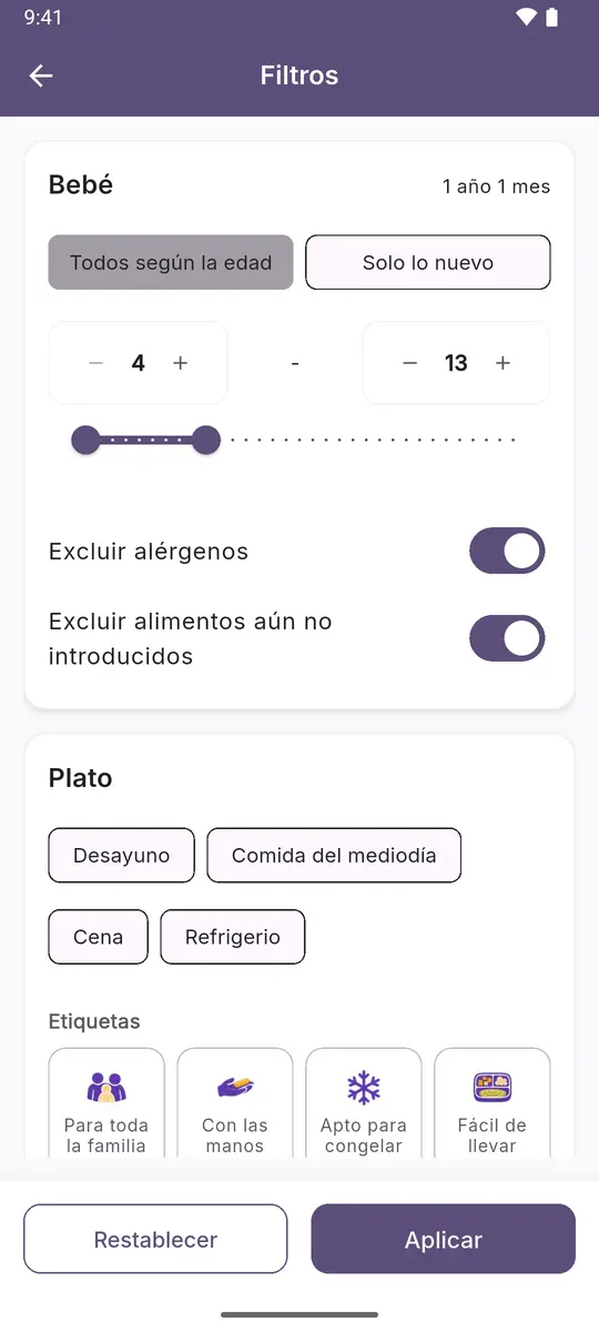 Filtros de recetas: edad, sin alérgenos y sin alimentos aún no introducidos