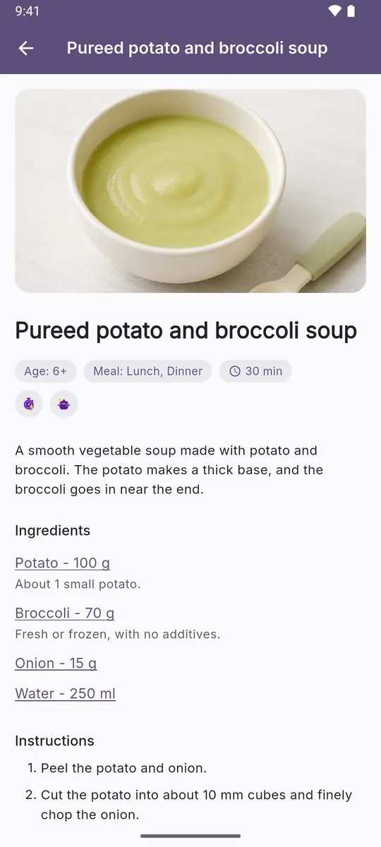 Recipe card: age, meal, time, and ingredients