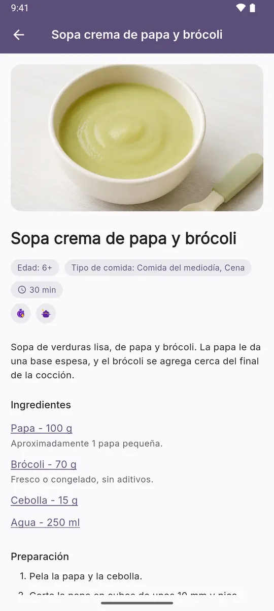 Tarjeta de receta: edad, tipo de comida, tiempo e ingredientes