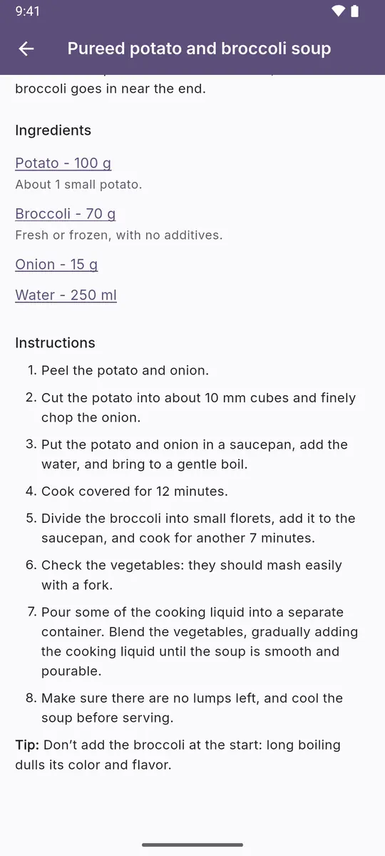 Recipe: ingredient amounts and cooking steps