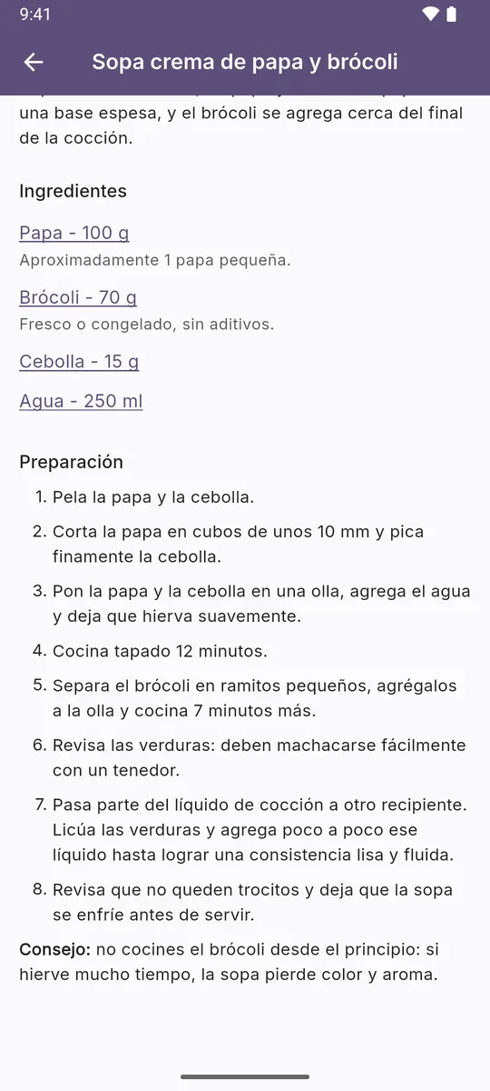 Receta: ingredientes con cantidades y pasos de preparación
