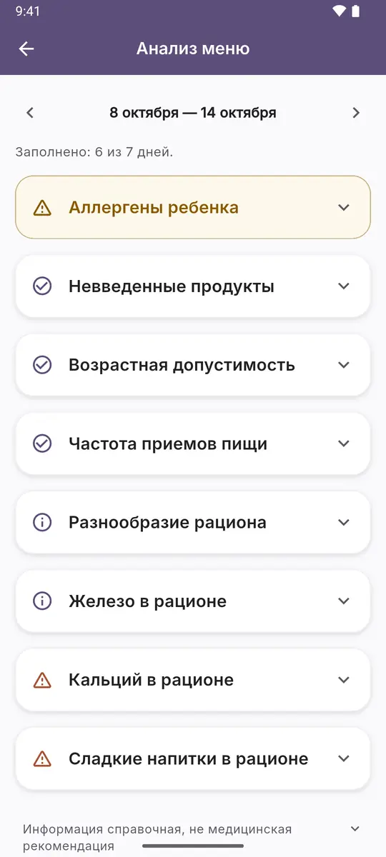 Анализ меню за неделю: все проверки со статусами