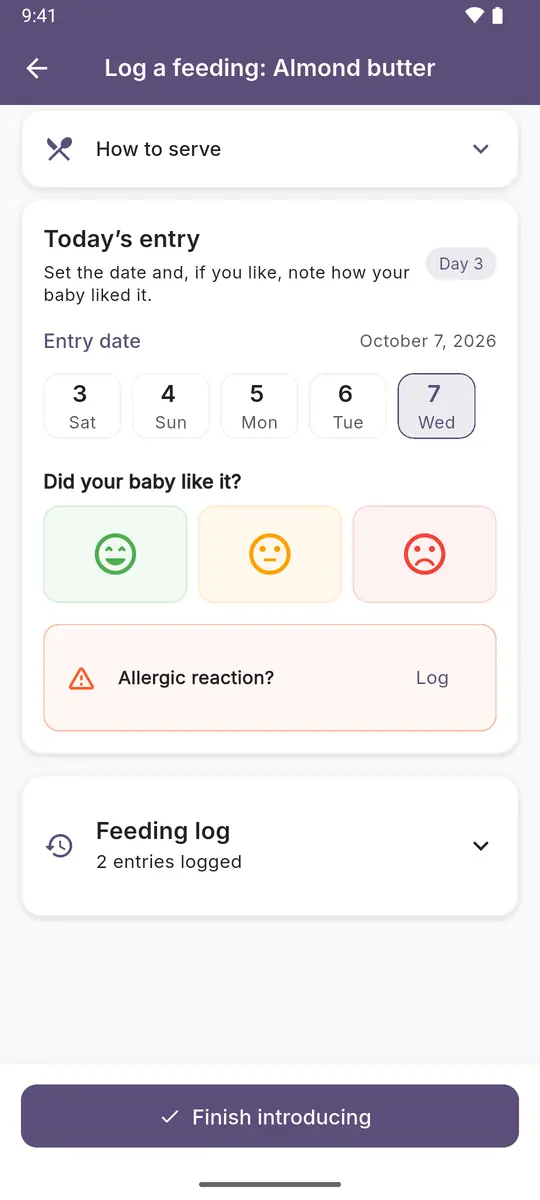 Feeding log: date, how the baby liked it, and a button to log an allergic reaction