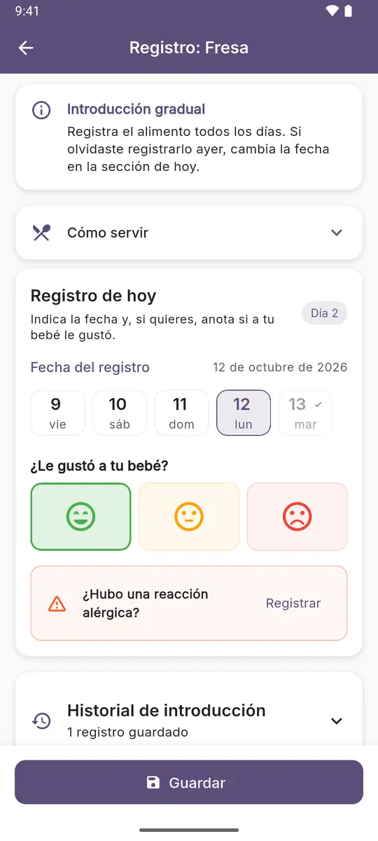 Registro del día: fecha, qué le pareció a tu bebé y un botón para registrar una reacción alérgica