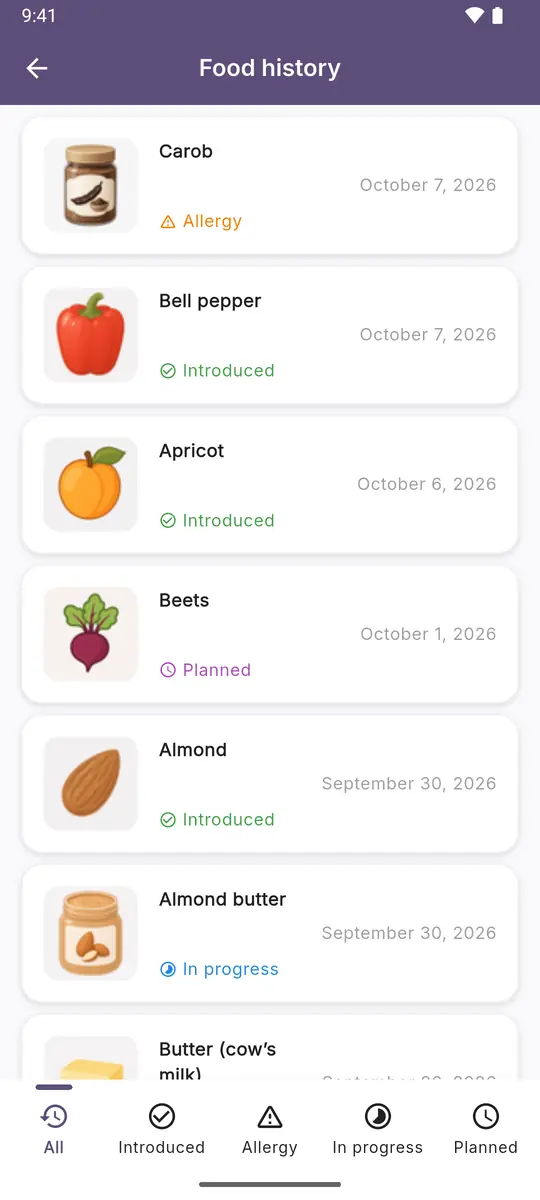 Food history: introduced and planned foods and a logged allergy