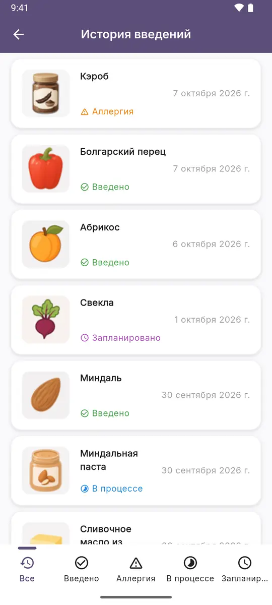 История введений: введенные, запланированные продукты и отмеченная аллергия