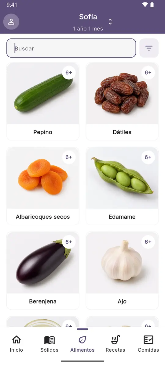 Catálogo de alimentos con la edad de introducción en cada tarjeta